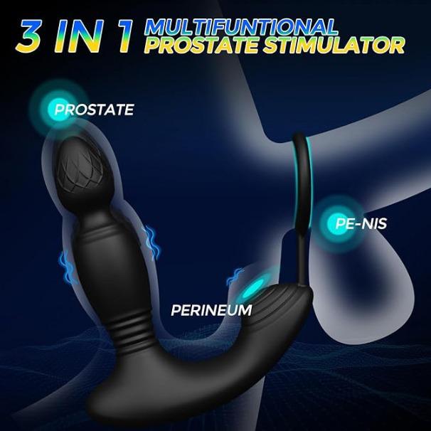 Telescopic Prostate Massager with Three Motors & Wireless Remote Control - 10 Frequency Vibrations & Ejaculation Control Ring.