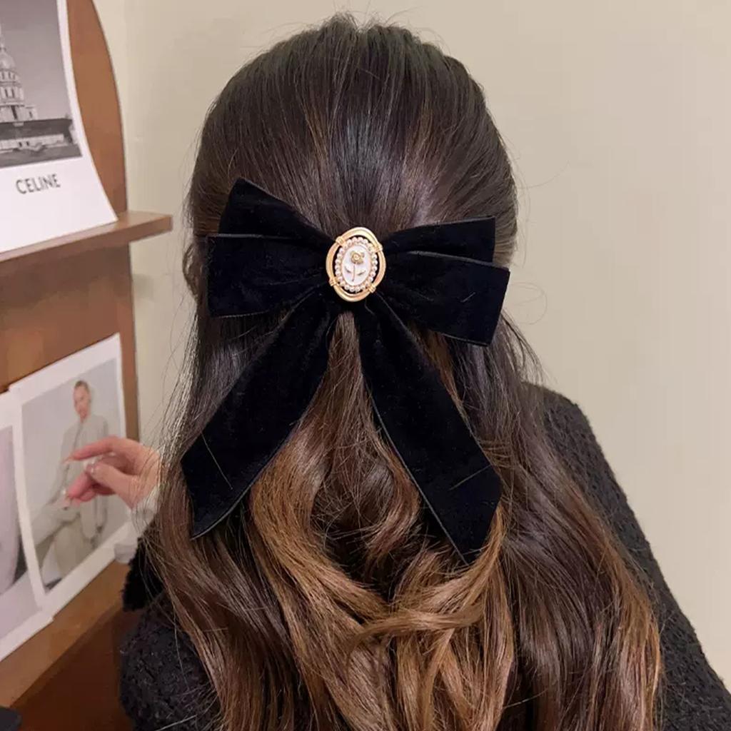1Pcs Fashion Artificial Pearl Crystal Flower Ribbon Bow Hair Clips Barrettes For Women Girls Party Ponytail Hair Accessories