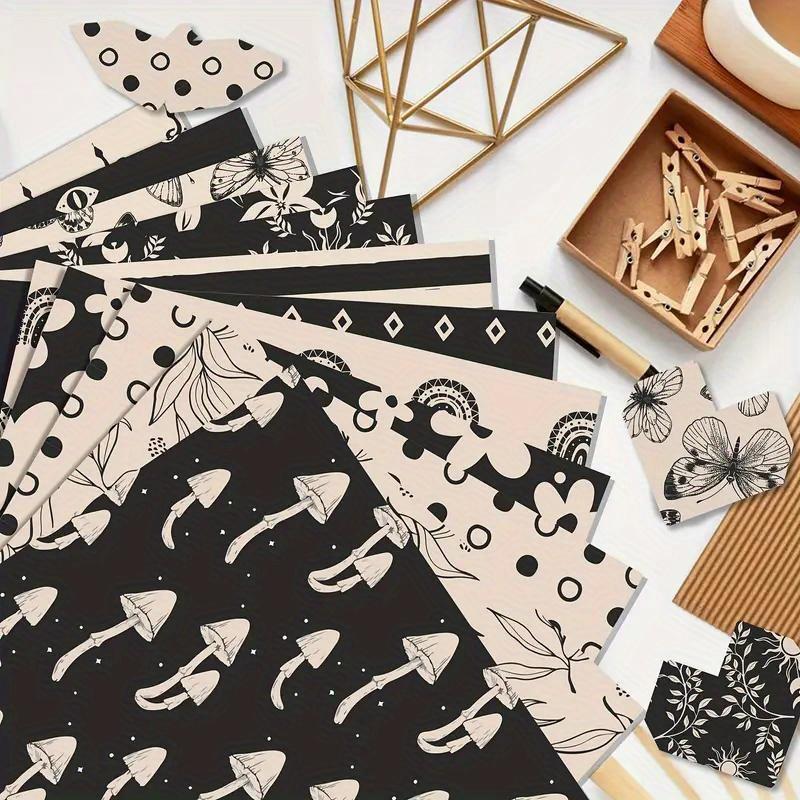 24-Piece Bohemian Craft Paper Set: Ivory and Black Patterns. Ideal for Scrapbooking, Card Making & Diary Supplies.