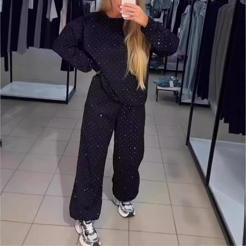 Women's Pants Suit Autumn Winter New O-neck Diamond Long-sleeved Tops Drawstring Sweatpants Fashionable Ladies 2-piece Sets