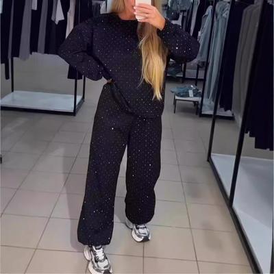 Women's Pants Suit Autumn Winter New O-neck Diamond Long-sleeved Tops Drawstring Sweatpants Fashionable Ladies 2-piece Sets