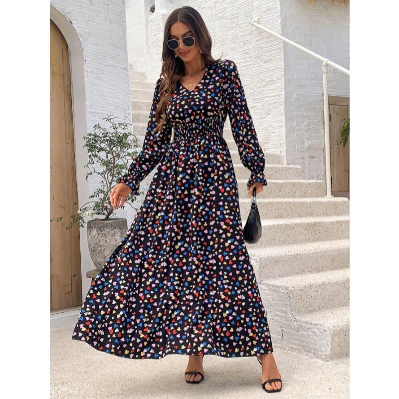 Fashion V-neck Long Sleeve Printed Loose Women Dress Spring Autumn Elegant A-line Party Long Versatile Dress Slim Fit Holiday Women's Clothing
