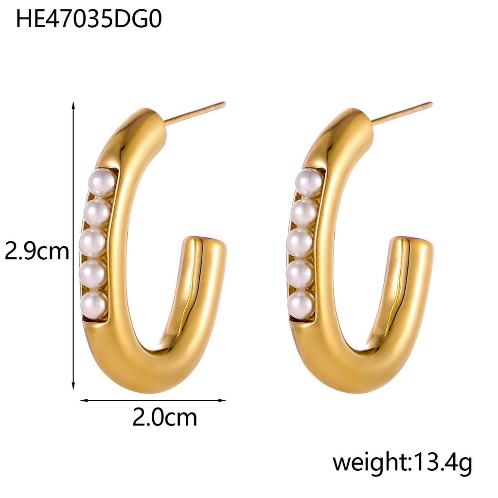 CARLIDANA Vintage and Unique Plain Ring Inlaid with Imitation Pearl Fashion Zircon Jewelry Titanium Steel Gold-plated Earrings