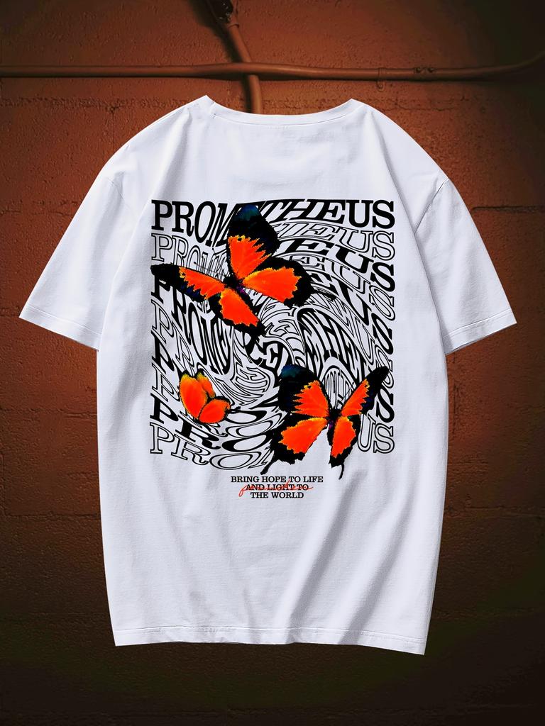 Summer Men's Casual Round Neck Short Sleeved Butterfly and Floral Print Pure Cotton Casual Oversized Loose Breathable T-shirt