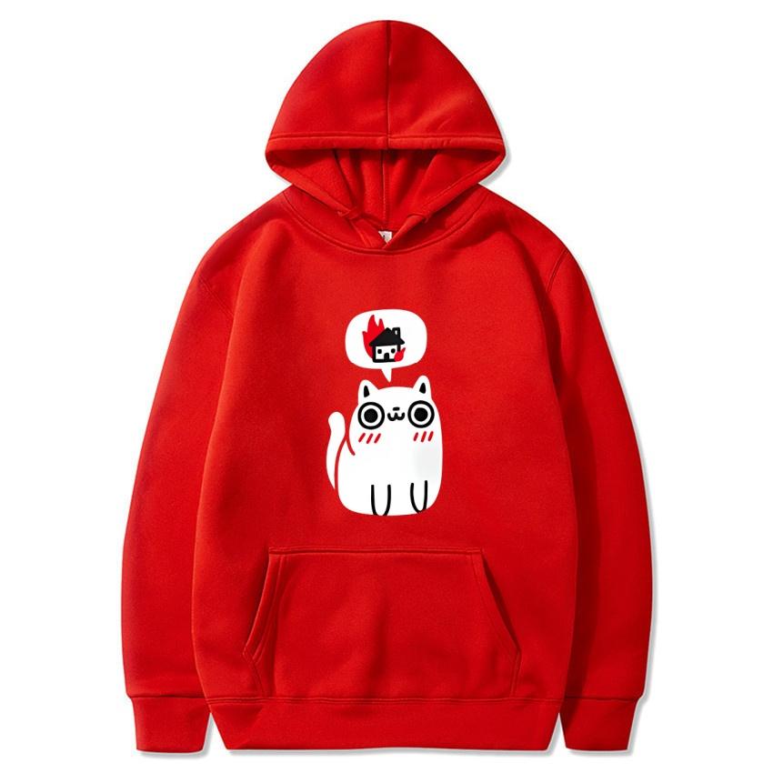 Autumn Winter Solid Color Anime Cat Classic Hoodie Men's Daily Casual Harajuku Hoodie Street Wear Warm Hoodie