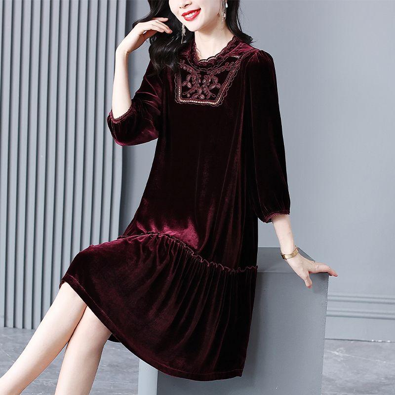 Robe en Velours Doré pour Femmes Printemps Automne Col Rond Solide Robe Trapèze Robes Longueur Midi