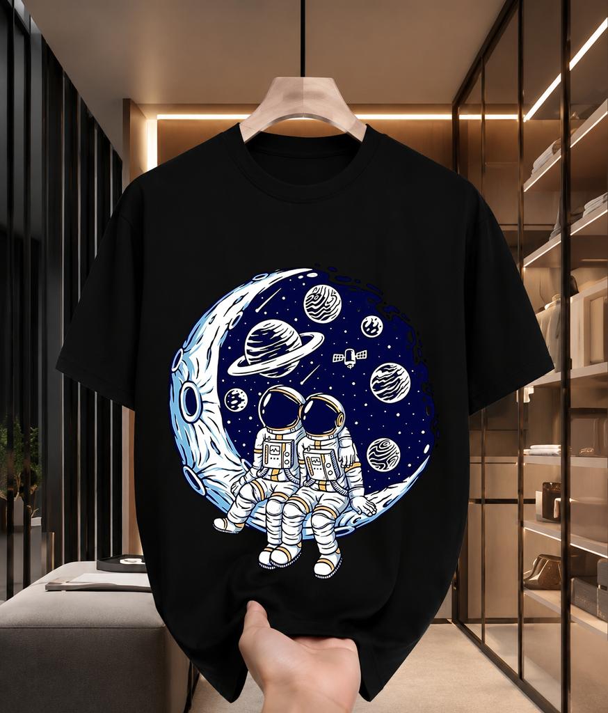 2026 New Arrival Pure Cotton Tshirt Two Astronauts Sitting On Crescent Moon Space Planet Print Crew Neck Unisex Casual Short Sleev