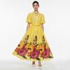 French Vintage Flower Maxi Dress Women Puff Sleeve V-Neck Elegant Floral Print High Waist Sashes A-Line Summer Beach Long Maxi Dresses