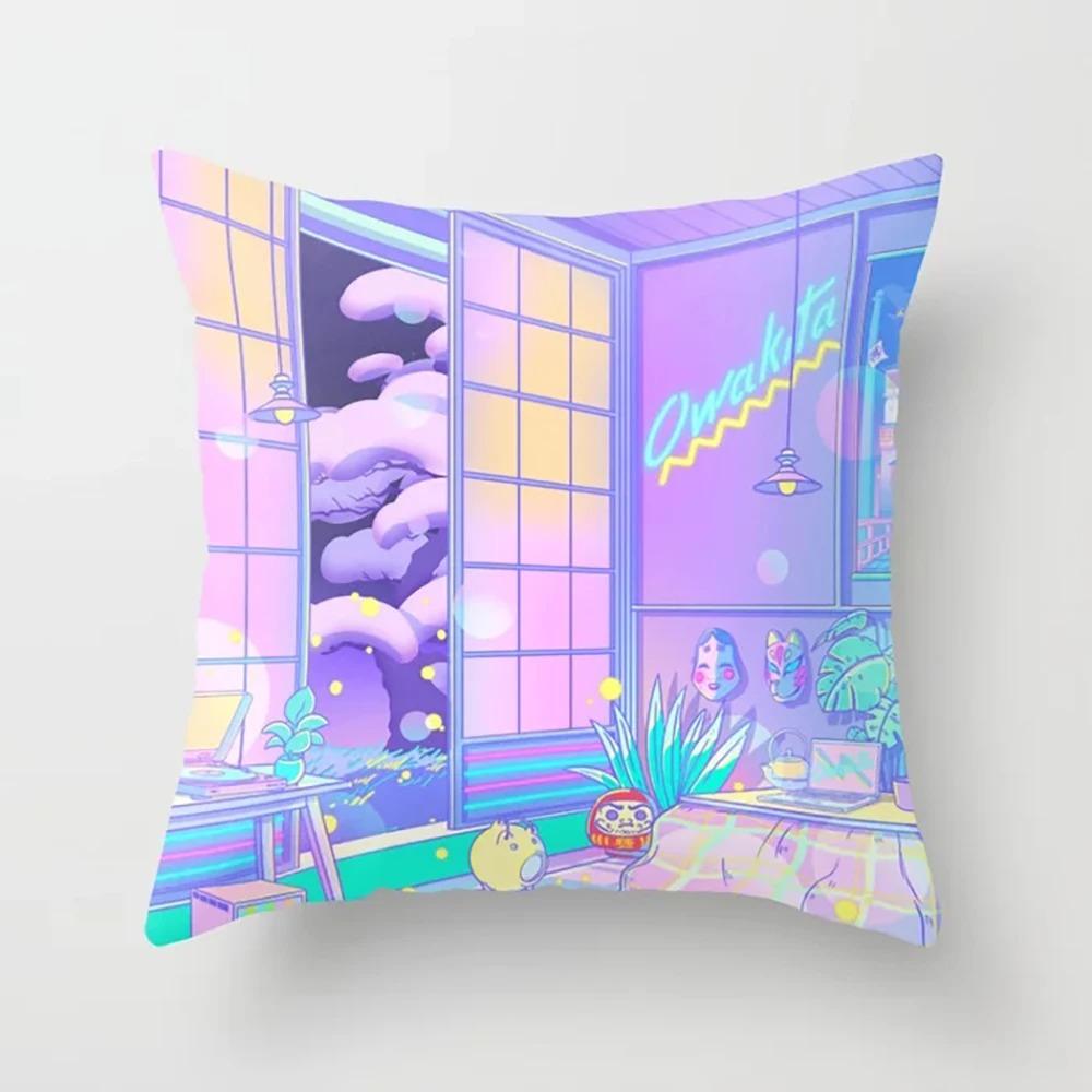 Pink Cartoon City Print Pillowcase Car Ornaments Office Living Room Home Pillowcase