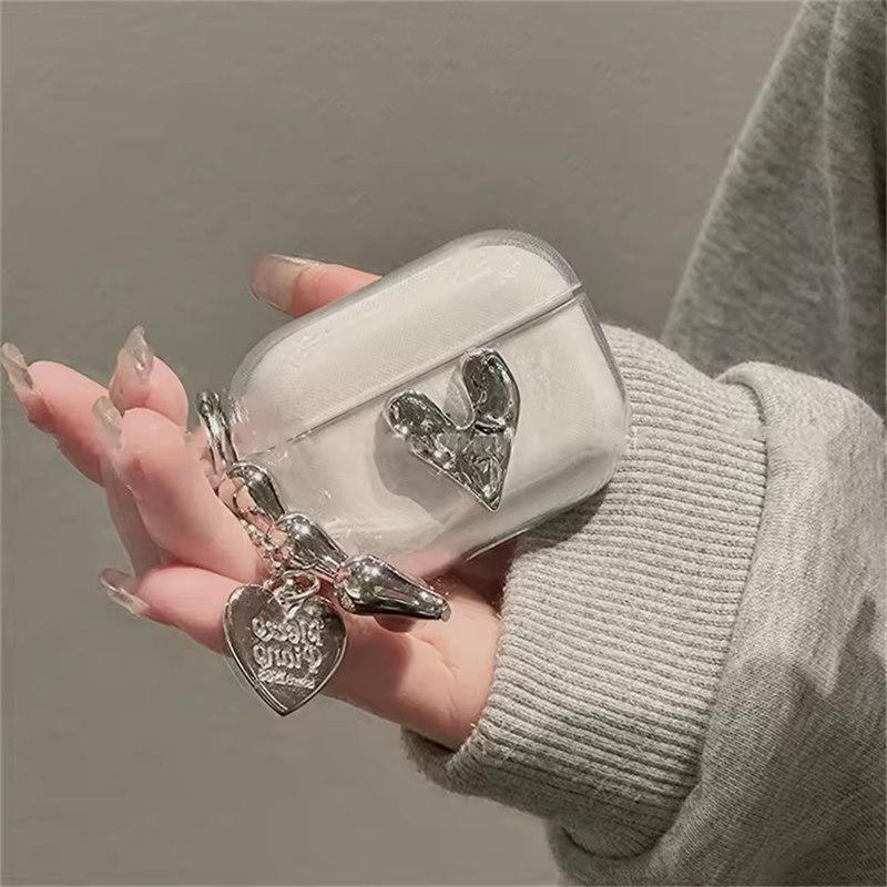 Cute 3D Silver Love Heart Earphone Case For AirPods 4 Airpods Pro 2 3 With Beads Pendant Protective Shell Soft Cover