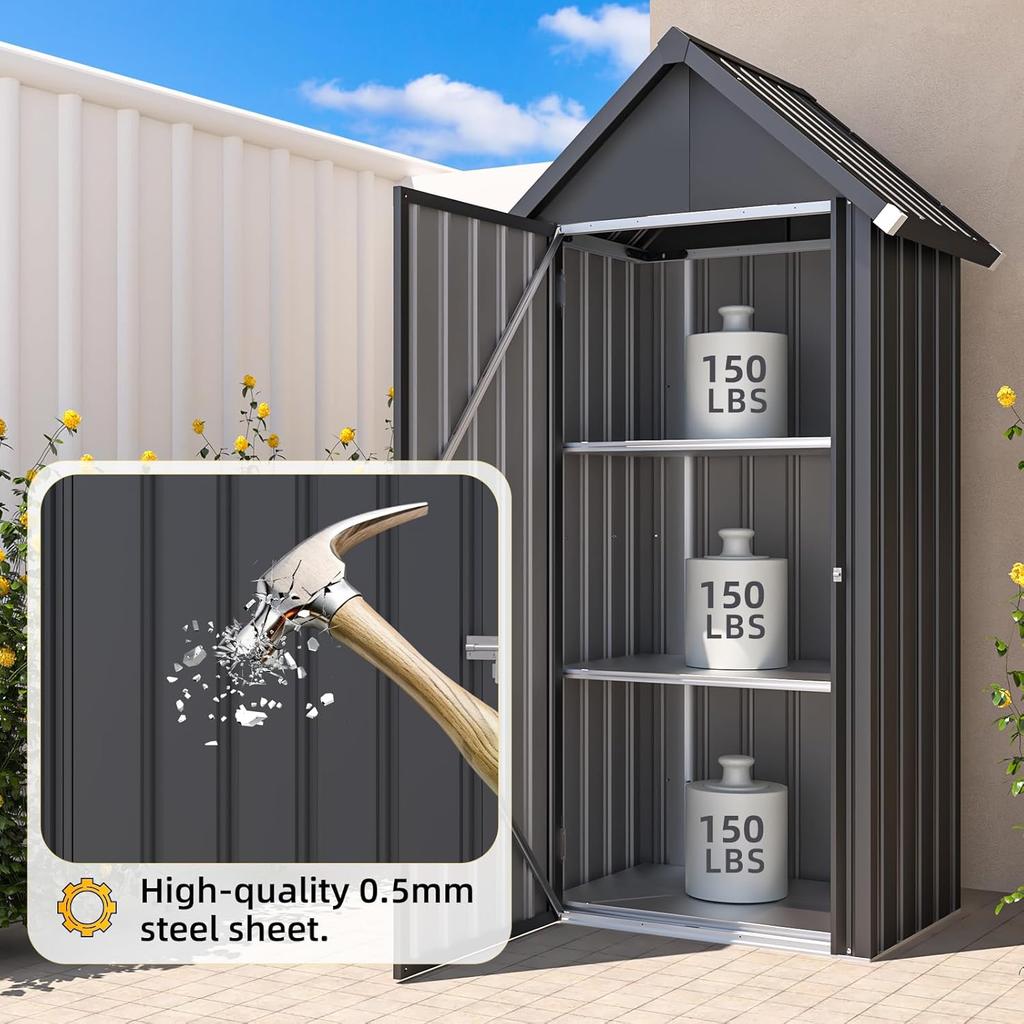 YODOLLA Garden Shed with Base and Lockable Lock, Galvanised Steel, 86 x 55 x 178 cm, Dark Gray