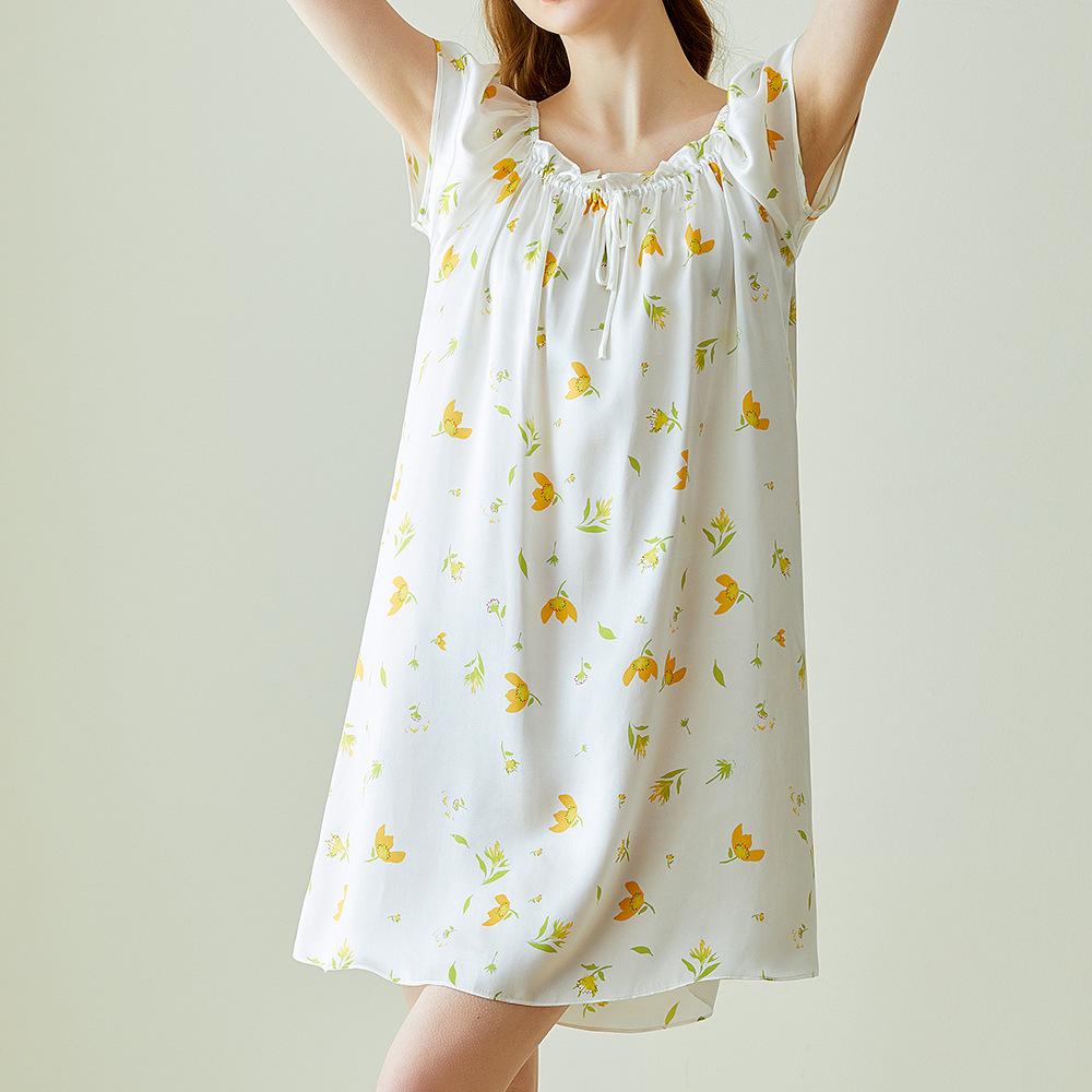 Women's Summer Short Sleeve Printed 100% Mulberry Silk Pajama Dress - Mid-length, Plus Size, Loose-fit Nightgown
