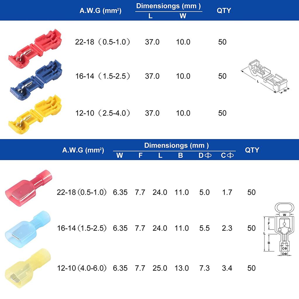 30/50pcs T-Tap Wire Connectors Self-Peeling Quick Splice Wire Terminal Insulation Male Quick Disconnect Spade Terminal Combo Kit
