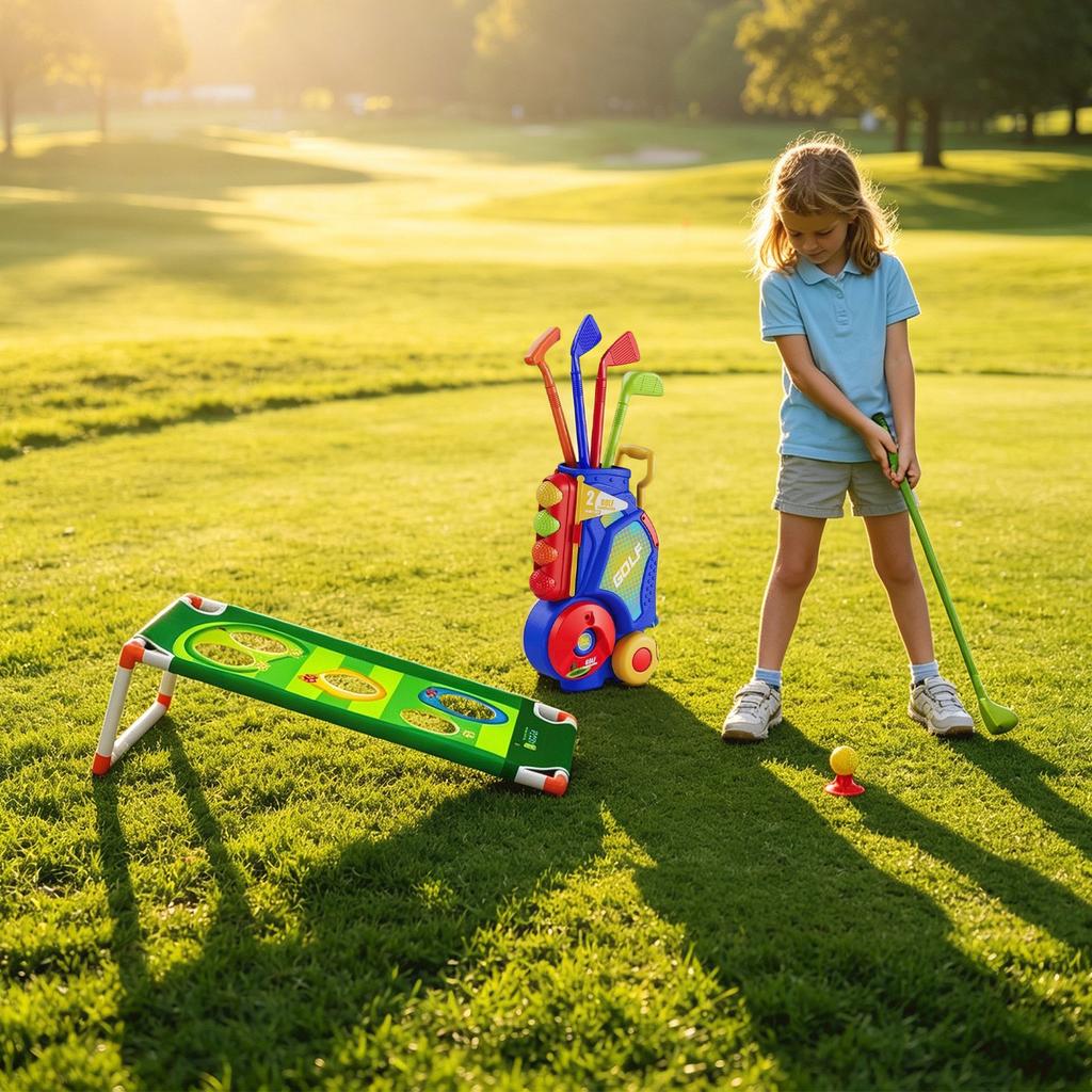 Dětská golfová sada Mini golfová hra do interiéru s putting rohoží, golfovými holemi, míčky a přepravní taškou pro rodinnou interaktivní sportovní aktivitu