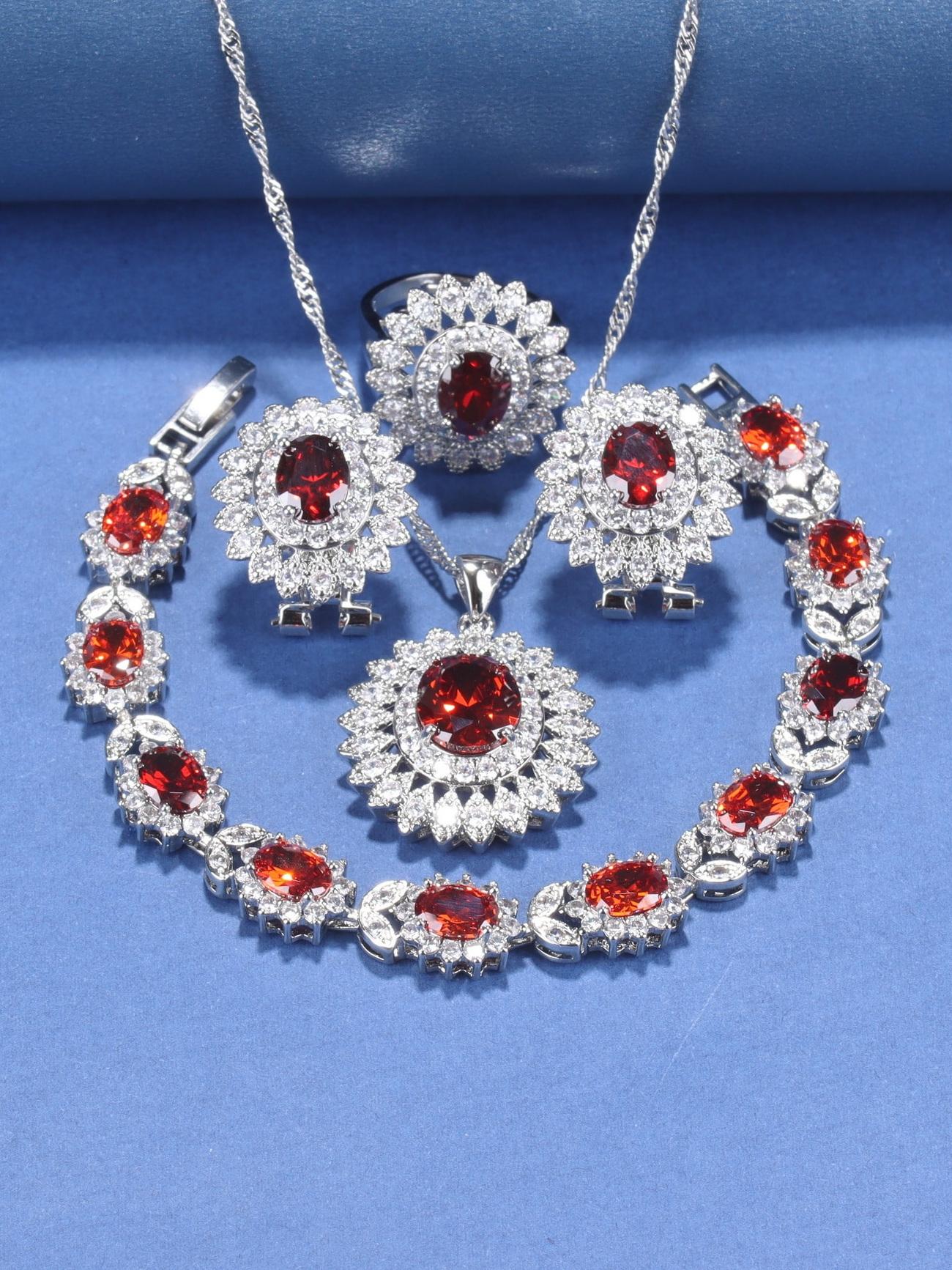 

Наборы ювелирных изделий в западном стиле, большие, серебряные, 925 пробы, модные, винтажные, с цирконием, серьги-клипсы, ожерелье и кольцо с подвеской для женщин, подарок 9