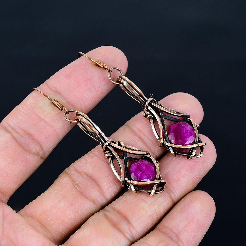 Ruby Earrings Gemstone Jewelry, 999 Copper Wire Wrapped Handmade Earrings, Latest Design Jewelry