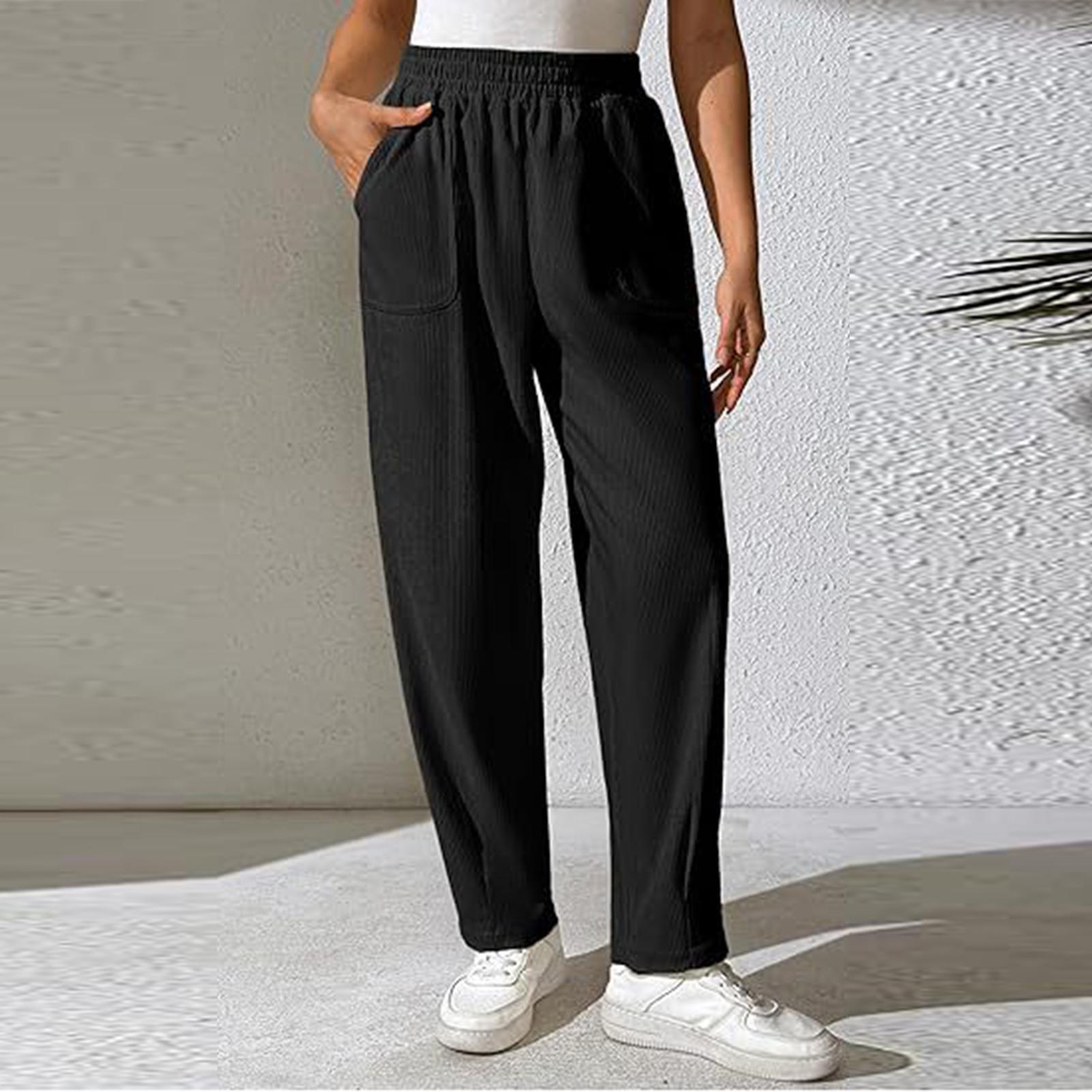 

Women s Corduroy Pants Elastic High Waist Pleated Wide Leg Pants With Pockets XXL чёрный