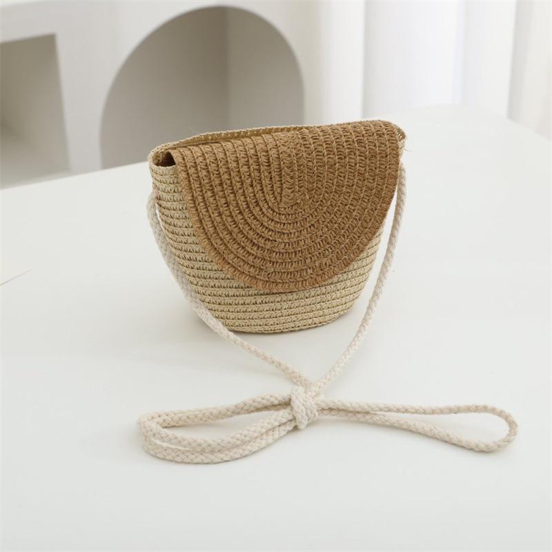 Summer Solid Color Straw Bag Shoulder Messenger Round Bag Children Versatile Outing Beach Bag Light Board DIY Round Weaving