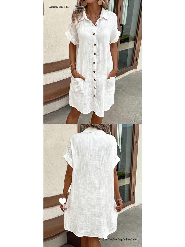 Women's Mid-Length Single-Breasted Short Sleeve Solid Color Casual Dress