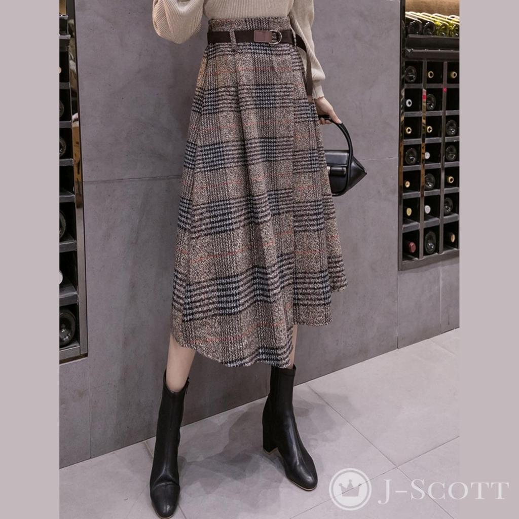 Asymmetrical Flared Midi Glen High with J-Scott Skirt, Length, Plaid, Waist, Tweed, Belt, Brown, JS23-BR-M