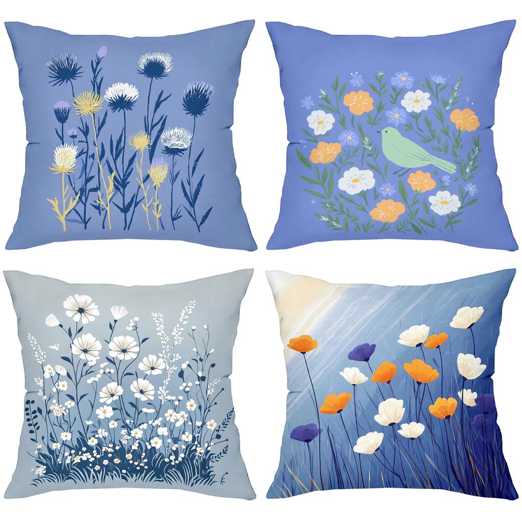 Floral Patterned Cushions Blue with Bird Design Polyester Pillowcase, Sofa Decorative Cushion Cov Headboard Pillow