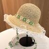 French small floral lace edge strap breathable straw hat women's summer braided butterfly brim foldable lightweight top hat
