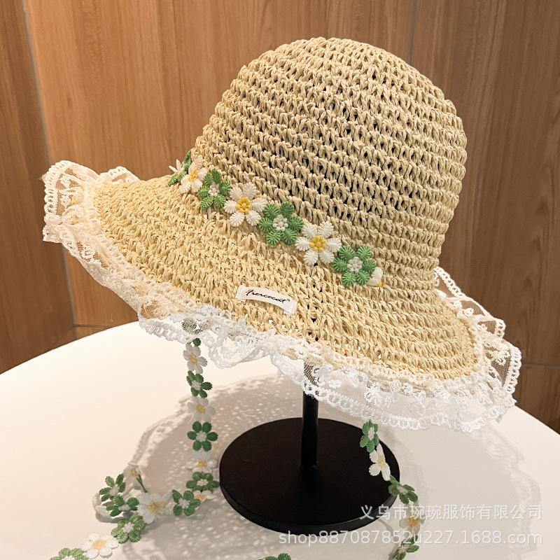 French small floral lace edge strap breathable straw hat women's summer braided butterfly brim foldable lightweight top hat