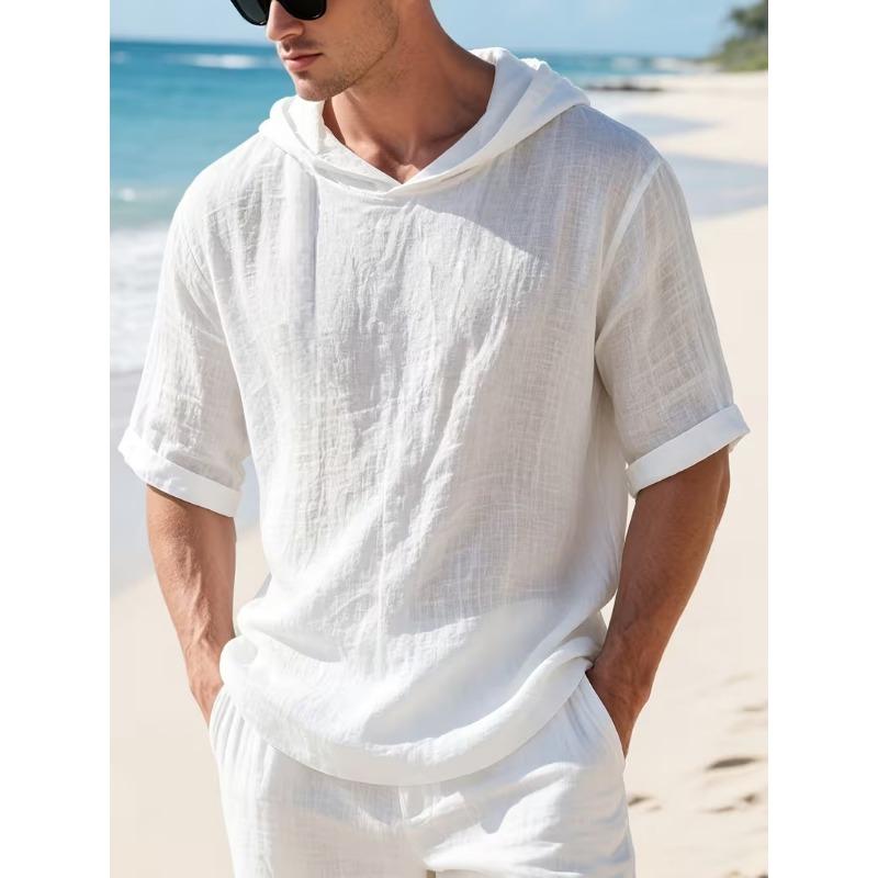 Mens Linen Hooded Short Sleeve T Shirt Loose Fit For Beach Vacation