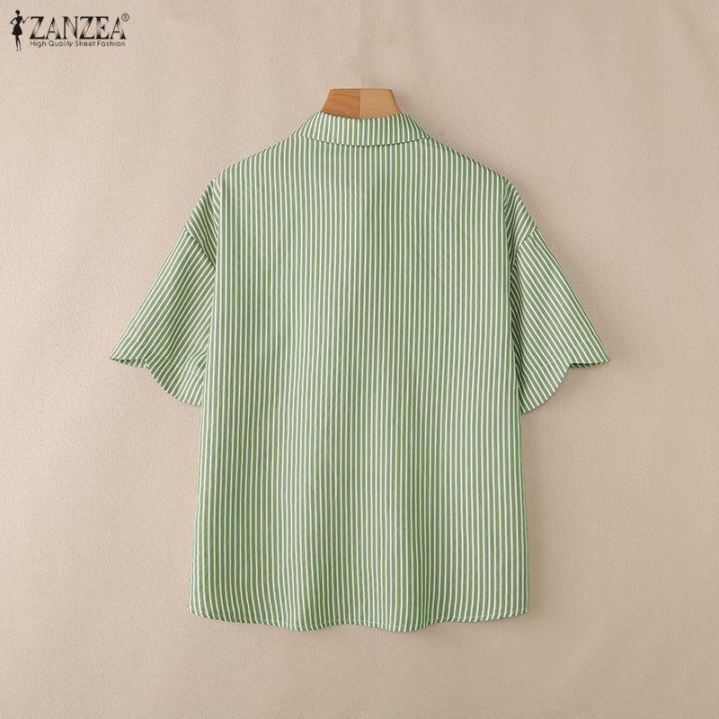 ZANZEA Women Casual Turn Down Collar Loose Short Sleeve Stripe Blouse