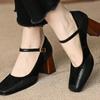 Fashion Women's Black Square Toe Chunky Heel Thick Sole Buckle Slip-On Pumps Vintage Sandals Ladies