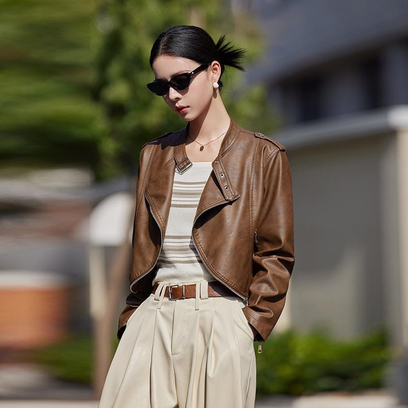 

Spring and Autumn New Leather Jacket Jacket Women s Fashion Handsome Versatile Skinny Soft Leather Short Cardigan Top M хакі