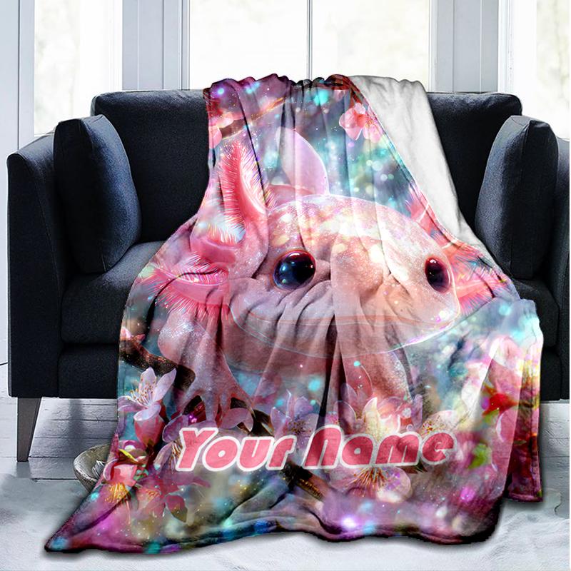 1PC Custom Name Axolotl Blossom Garden Outdooor Flannel Blankets Patterns Throw Blanket All-Season Soft Gift for Couch, Bed, Camping Gifts