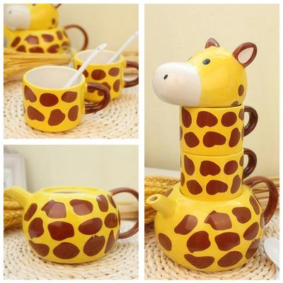 Kreativ Söt Giraffform Design Keramisk Tekanna med 2 Koppar Teset Kawaii Tecknad Djur Mugg Barn Gåva Kontor Hem Bordsartiklar