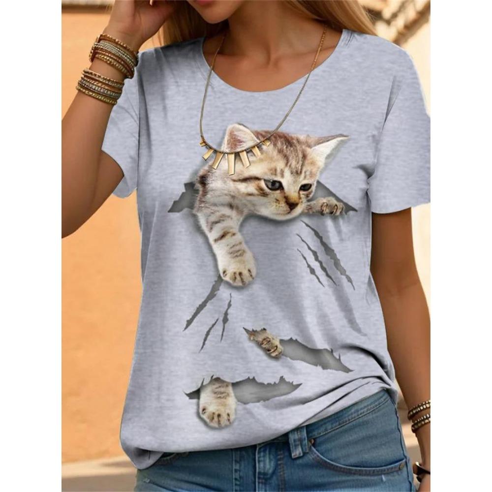

Женский топ с коротким рукавом в европейском и американском стиле с кошкой 6XL