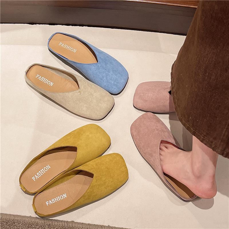 Baotou Half Slippers for Women To Wear Autumn and Winter New Niche Square Head Velvet Casual Versatile Soft-soled Muller Shoes