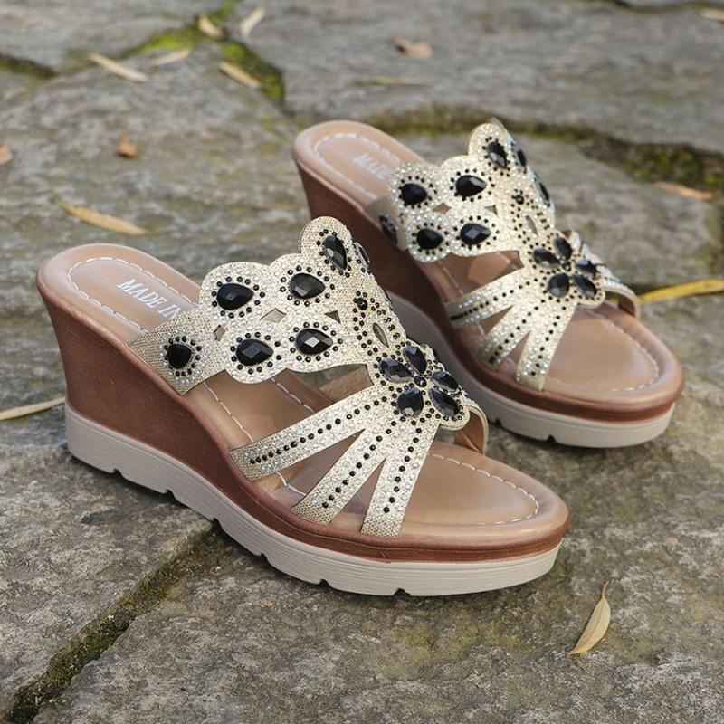 Fashion Women Round Toe Wedges Heel Shoes Ladies Casual Open Toe Comfort Spring Summer Rhinestone Slippers Party Sandals Plus Size 35-43