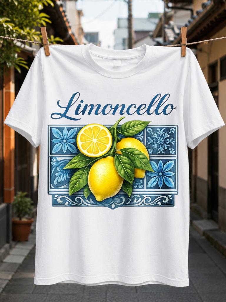 Limoncello Graphicscript Lettering Realistic Lemons Green Leaves And Blue Mediterranean Tile Unisex All Tshirt