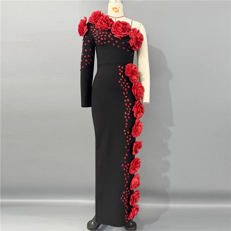 

Новое сексуальное бандажное платье с цветком на плече, женская одежда средней и длинной длины, вечернее платье, африканская мода XL чёрный