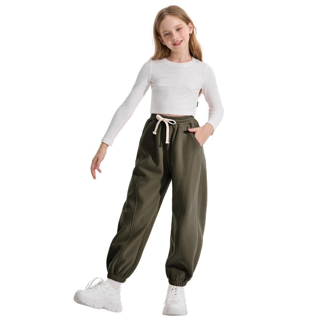 Rolanko Casual Jogger Long Pants for Winter Sports and Size 160 Kids' Sweatpants, Girls' Fleece-Lined Pants, Warmth, Green,