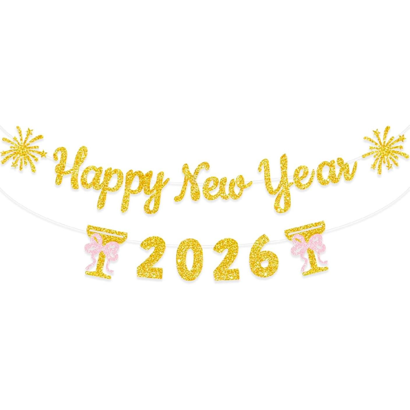 Happy New Year Banner 2026 Cheers To New Years Party Decoration Pink Bow Indoor Mantel Holiday Supplies
