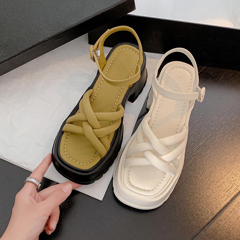 Green super white, cross-strap sandals women's summer new muffin thick-soled heightening women's shoes