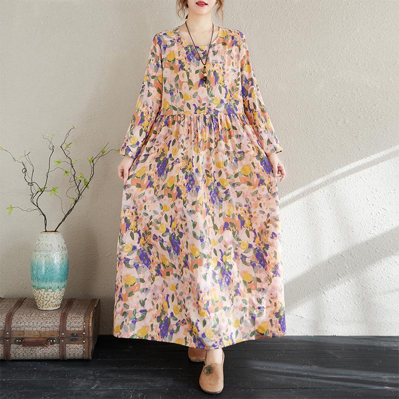 Early Spring Floral Vacation Style Travel Round Neck Retro Long Dress for Women Long Sleeved Vintage Dresses