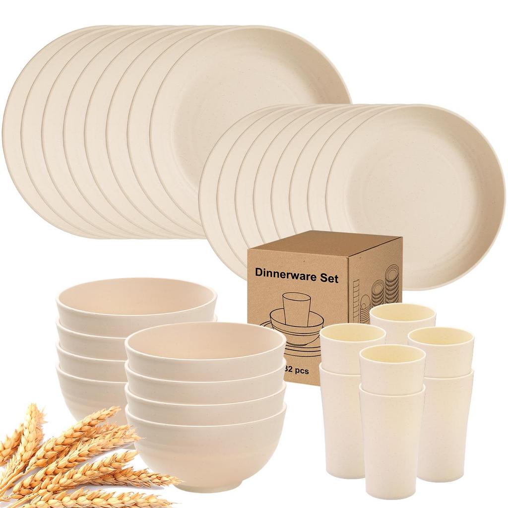 Eco-Friendly Wheat Straw 24-Piece Dinnerware Set: Plates, Bowls, Cups & Cutlery