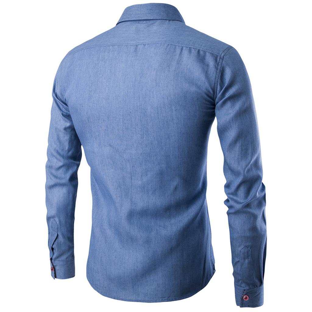 Men's Casual Shirt Pocket Patchwork Leather Slim Long Sleeve Shirt Denim Shirt