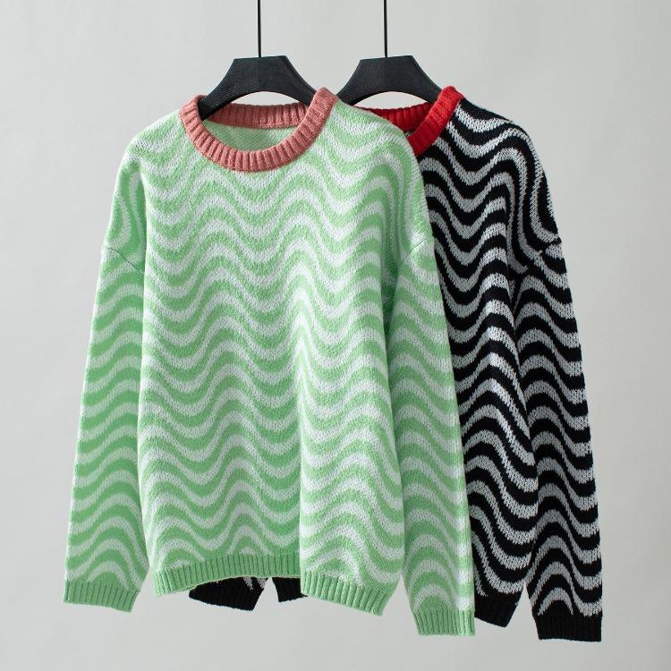 Loose Knitwear Cardigan Vintage Stripe Long Sleeve O Neck Sweater Top Autumn Winter Fashion