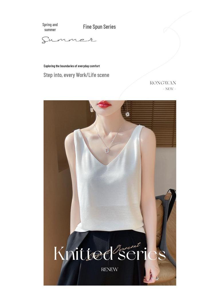 New Summer V-neck Knit Camisole with Double Shoulder Straps - Lightweight Women's Innerwear.
