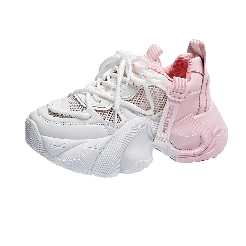 

2025 summer new dad shoes women s color matching thick sole inner height increase breathable mesh versatile fashion casual women s shoes 35 розовый