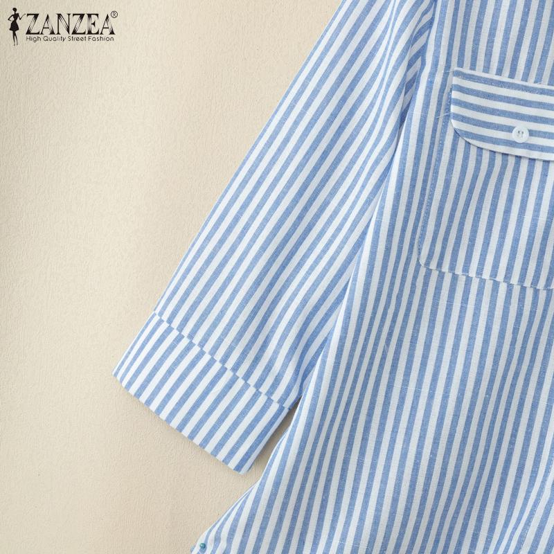ZANZEA Women Turn Down Collar Loose Casual 3/4 Sleeve Stripe Blouse