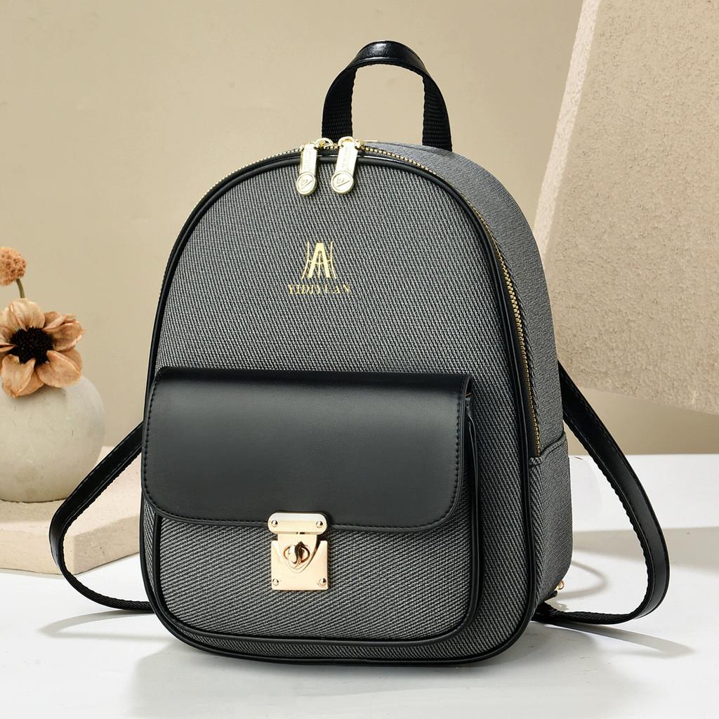 Women's Canvas & PU Leather Mini Backpack, Large Capacity Casual Daypack with Gold Lock, for Travel School Daily Use