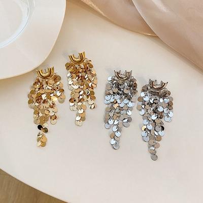 Zinc Zinc Alloy Metal Sequin Earrings Silver Gold Earrings Temperament Long Tassel Dangle Earrings  Girl